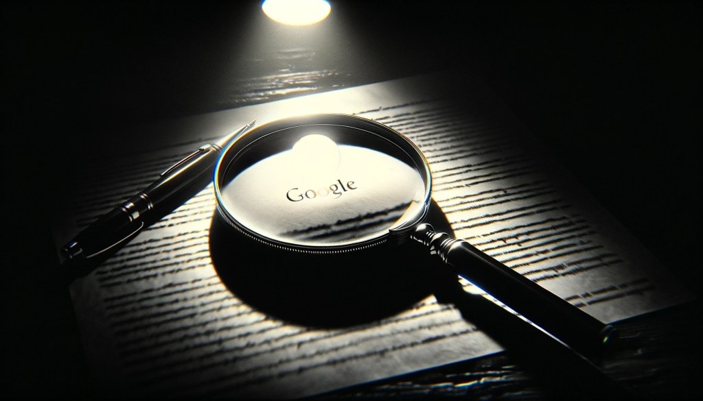 Ett förstoringsglas som zoomar in på ett papper med Googles logga